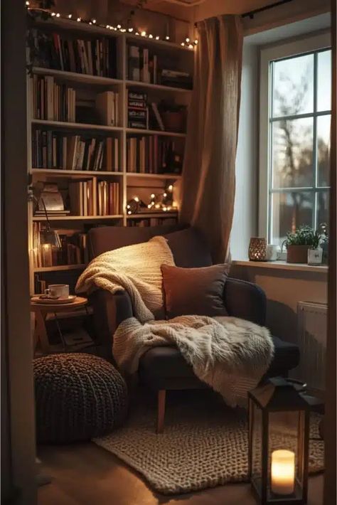 Modern Cottagecore Living Room Inspiration – The Ultimate Styling Guide + 25 Easy Decor Ideas Book Nooks Cozy Home Libraries, Reading Room Ideas Cozy, Cozy Book Corner, Reading Corner Living Room, Book Corner Ideas Bedroom, Benches With Storage, Cozy Reading Room, Bedroom Reading Corner, Cottagecore Inspiration