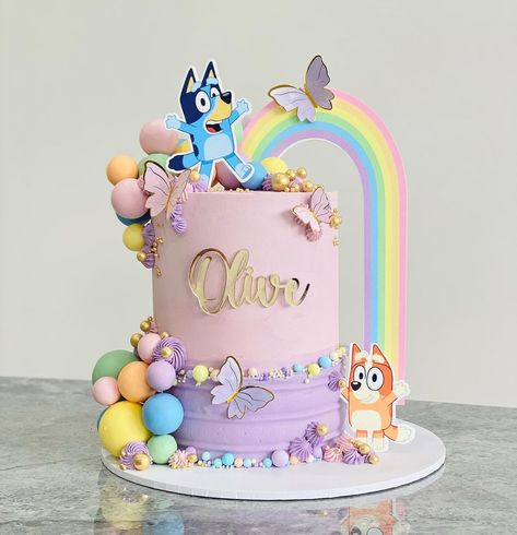 Olive + Bluey 💗 Toppers by @thecarpenterandco Sprinkles @sprinklenest | Instagram Rainbow Bluey Party, Birthday Cake Bluey Theme, Rainbow Bluey Cake, Bluey Girl Cake, Bluey 1st Birthday Cake, Bluey Cake Ideas For A Girl, Four Birthday Party Ideas, Bluey Birthday Cake For Girl, Bluey Treats