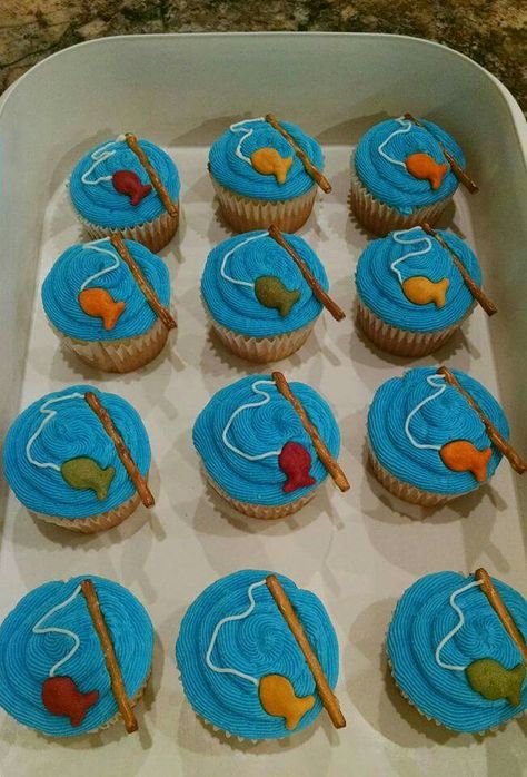 Fish Shaped Desserts, Food Ideas For Bday Party, Fishing Pole Cupcakes, Diy Fish Birthday Cake, Cupcake Fish Cake, Oh Fishally One Birthday Cupcakes, Fishing Theme Cupcakes Boy Birthday, Officially One Cupcakes, Fish And Chips Party Ideas