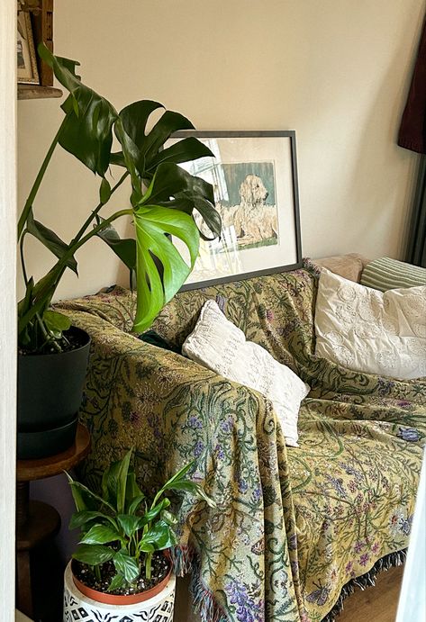 Cottagecore Couch Aesthetic, Cottagecore Couch, Cottage Couches, Tiny Sofa, Plants Aesthetic, Dorm Inspo, Flower Flat, Aesthetic Cozy, Blanket Cover