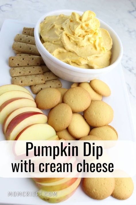 Pumpkin Dip with Cream Cheese. A delicious appetizer to satisfy that pumpkin spice craving. Quick and easy to make with only 5 ingredients! Pumpkin Dip With Cream Cheese, Pumpkin Dessert Dip, Pumpkin Pie Dip Recipe, Cream Cheese And Cool Whip, Easy Pumpkin Dip, Pumpkin Cream Cheese Dip, Inexpensive Snacks, Pumpkin Dip Recipe, Dip With Cream Cheese