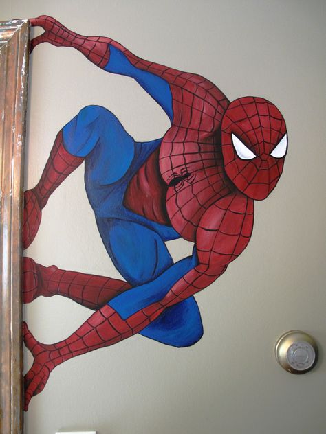 The requests for superheros are coming in faster than I can paint them. Spiderman Mural, Boy Car Room, Spiderman Birthday Party Decorations, Spiderman Painting, Marvel Paintings, Boys Playroom, Spiderman Birthday Party, Superhero Room, Kids Room Paint