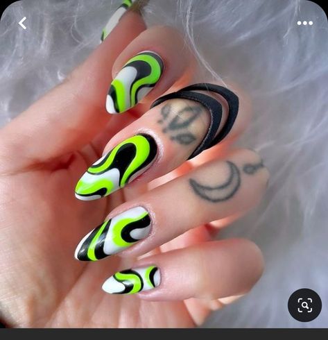 Electric Forest Nails, Trippy Nail Designs, Psychadelic Nails, Nail Story, Art Tricks, Rave Nails, Swirl Nail Art, Nails Styles, Neon Green Nails