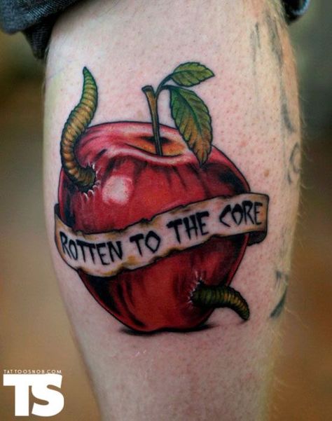 Rotten Apple Tattoo, Bad Apple Tattoo, Tomato Tattoo, Teacher Tattoo, Core Tattoo, Teacher Tattoos, Rotten Apple, Husband Tattoo, Apple Tattoo