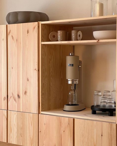 Ivar Office Ideas, Ikea Hack Kitchen Cabinet, Ivar Coffee Bar, Ivar Room Divider Hack, Ivar Kitchen Ideas, Ivar Kitchen Hack, Ikea Ivar Kitchen, Ikea Bar Hack, Ivar Office