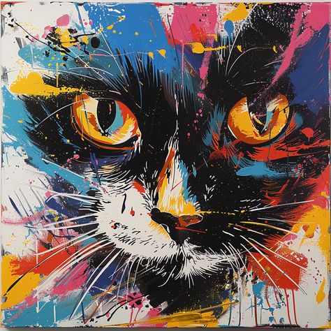 Experience the visual explosion of this abstract cat portrait. With striking yellow eyes and a bold black and white fur pattern, this feline is a canvas for a riot of colors. Splashes of blue, pink, yellow, and white paint animate the artwork, capturing the chaotic beauty of an artistic masterpiece. 🎨🐱💥 Chaotic Beauty, Fur Pattern, Abstract Cat, Cat Portrait, Yellow Eyes, White Fur, Cat Portraits, White Paint, Bold Black