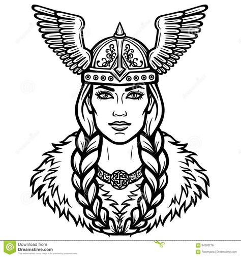 Portrait Of The Beautiful Young Woman Valkyrie In A Winged Helmet. Stock Vector - Illustration of ancient, helmet: 94283216 Viking Drawings, Arte Viking, Helmet Tattoo, Symbole Viking, Pagan Goddess, Monochrome Illustration, Viking Helmet, Sketch Tattoo Design, Viking Symbols