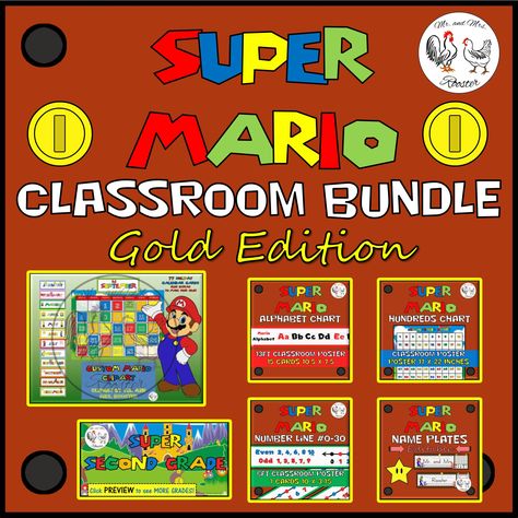 Super | Mario | Classroom | Decor | Theme | Class | Calendar | Holidays | Hundreds | Chart | Alphabet Poster | Welcome Sign | Number Line | Name Plates | Desk Tags | Gold | Edition | Mr and Mrs Rooster Nintendo Classroom Theme, Level Up Classroom Theme, Level Up School Theme, Video Game Theme Classroom, Mario Classroom Theme, Super Mario Classroom, Mario Classroom, Aba Activities, Class Calendar