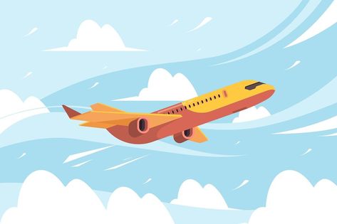 Airplane in sky. Flying civil aircraft transport in clouds vector flat background. Plane fly sin sky clouds, airplane flight transportation illustration Transportation Illustration, Airplane Illustration, Airplane Flight, Airplane Flying, Flat Background, Illustration Story, Cloud Vector, Origami 3d, Social Media Logos