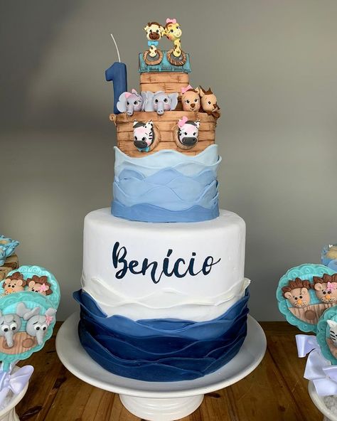 Noahs Ark Cake, Noahs Ark Party, Noahs Ark Baby Shower, Baby Birthday Decorations, Noah S Ark, Bolo Fake, Baptism Cake, Kids Party Themes, Baby Boy Birthday