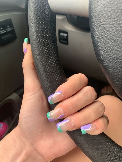 Blue Purple And Green Nails, Aqua And Purple Nails, Mint And Purple Nails, Lavender And Teal Nails, Green And Purple Acrylic Nails, Green And Lilac Nails, Purple And Teal Nails Designs, Lavender And Green Nails, Green And Purple Nail Designs