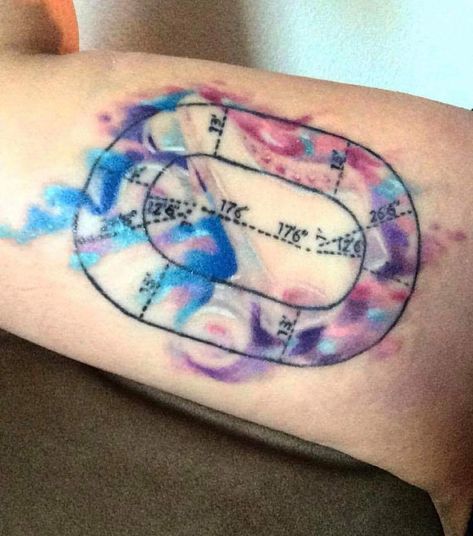 Roller derby track tattoo Derby Tattoo, Roller Derby Tattoo, Roller Derby Art, Skate Tattoo, Derby Time, Derby Ideas, 3 Tattoo, Derby Girl, Temp Tattoo