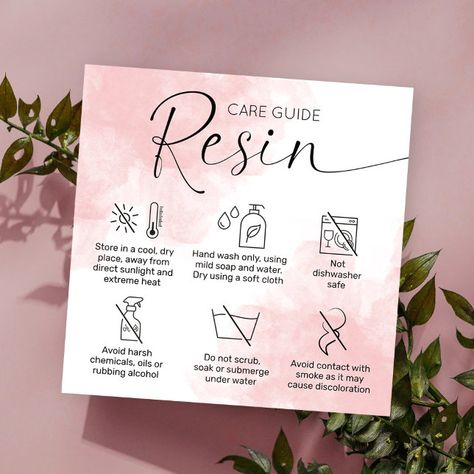 Logo Design For Resin Art, Resin Care Card, Resin Coaster Design, Resin Logo Design, Crafter Logo, Pink Watercolor Background, Resin Works, Care Instructions Card, Resin Trays