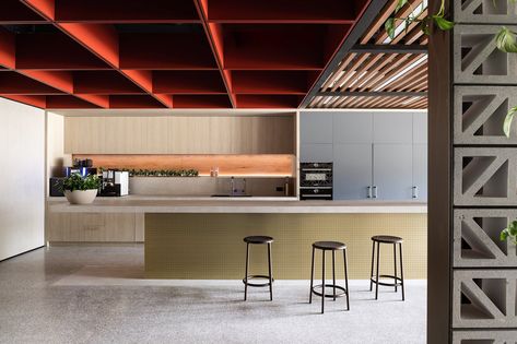 Workplace Kitchen, Study Nooks, Ceiling Feature, Australian Interior, Australian Interior Design, Study Nook, Interior Design Awards, Corporate Interiors, Banquette Seating