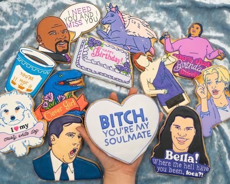 Browse our 100+ meme-worthy cookie collection online or at one of our NYC store locations! Handmade in Brooklyn and shipped Nation-wide! Funny Cookies Decorated, Cookies For Gifts, Celebrity Funny Faces, Funny Cookies, Photo Cookies, Cupcake Flavors, Curated Gift Boxes, Cookies Decorated, Iced Cookies