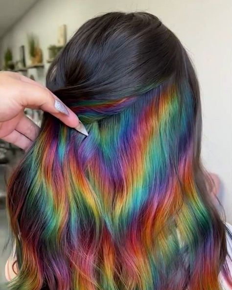 Holographic Highlights Hair, Rainbow Oil Slick Hair, Holographic Hair Brunette, Hair Colour Ideas Rainbow, Prism Color Hair, Rainbow Holographic Hair, Dark Rainbow Hair Color, Dark Hair With Rainbow Peekaboo, Prismatic Hair Color