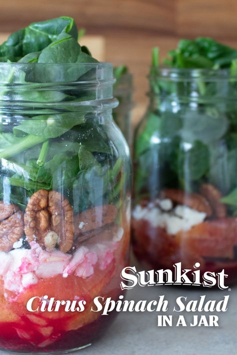 Fresh flavors, packed to-go! Celebrate National Mason Jar Day with our Citrus Spinach Salad in a Jar. 🥗🍊 It’s easy, delicious, and perfect for busy days. Check out the recipe linked for how to make! Salads In Jars Recipes, Meals In A Jar Recipes, Jar Salad Recipes, In A Jar Recipes, Raspberry Salad, Mason Jar Salads, Jar Salad, Mason Jar Salad Recipes, Jar Meals