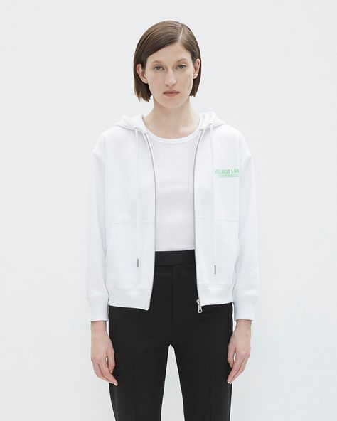 Helmut Lang White Front Zip Logo Hoodie | WWW.HELMUTLANG.COM Helmut Lang, Cotton Fleece, Zip Up Hoodie, Hooded Sweatshirts, Lab Coat, Zip Ups, Checks, Women Wear, ? Logo