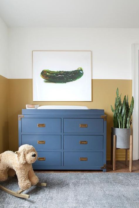 Color Block Walls, Light Grey Painted Walls, Dresser And Changing Table, Yellow Boys Room, Yellow Boy Nursery, Transitional Nursery, Boy Nursery Design, Modern Nursery Design, Small Room Nursery