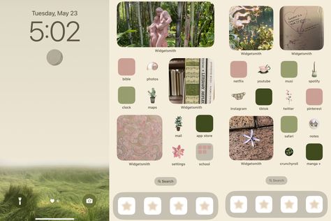 Iphone App Design Green, Flower Homescreen Layout, Pink And Green Iphone Layout, Pink And Green Lockscreen, Green And Pink Homescreen, Pink And Green Phone Theme, Spring Phone Layout, Pink And Green Homescreen, Wallpaper Homescreen Layout