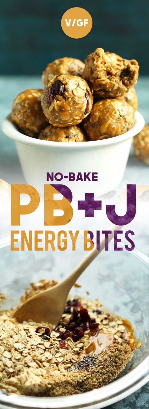 INSANELY Delicious   Healthy PB&J Energy Bites! Full of fiber and protein, 7 ingredients,   naturally sweetened! #vegan #glutenfree #protein #snack #recipe Easy Healthy Snack, Healthy Protein Snacks, Protein Snack, Protein Bites, Peanut Butter Jelly, Energy Bites, Healthy Protein, Protein Snacks, Camping Meals