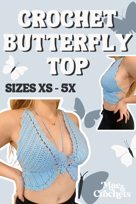 FREE PATTERN: Crochet Butterfly Top Crochet Butterfly Pattern, Crochet Aesthetic, Mode Crochet, Crochet Tops Free Patterns, Medium Weight Yarn, Crochet Butterfly, Crochet Summer Tops, Butterfly Top, Crochet Simple