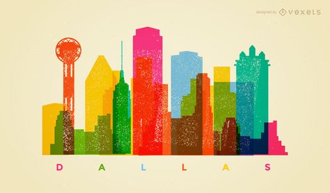 Dallas color cityscape skyline with major landscapes featured in the city. Great for traveling promos, banners and more. City Skyline Illustration, Skyline Illustration, Collage Landscape, Dallas City, Linkedin Background Image, Dallas Skyline, Stencil Projects, Texas City, Logo Redesign