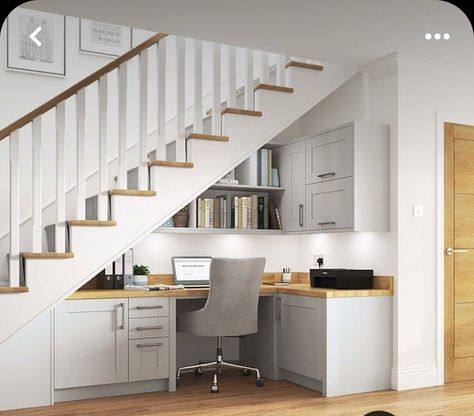 Study Under Staircase, Under Staircase Office Ideas, Understairs Desk Nook, Under Stairs Desk And Storage, Office Under Staircase, Office In Kitchen Ideas, Understairs Office Ideas, Under Stair Office, Under Steps Ideas