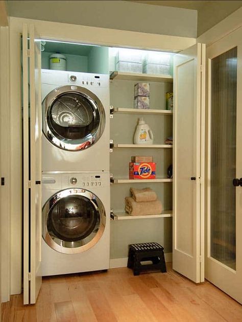 Apartment Wishlist, Laundry Room Storage Shelves, Small Laundry Room Organization, Closet Laundry, Room Storage Diy, Stackable Washer And Dryer, Laundry Room Closet, Laundry Room Layouts, Laundry Room Remodel