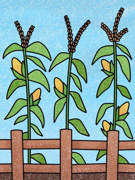 Corn Field Drawing Field Drawing Easy, Grass Coloring Page, Garden Drawing For Kids, Corn Field Drawing, Corn Field Pictures, Field Drawing, Corn Drawing, Cartoon Field Background, Medium Hairstyles For Women