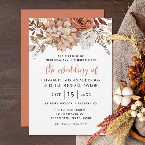 Terracotta Wedding Invitation, Fall Floral Wedding, Popular Wedding Invitations, Wedding Autumn, Terracotta Wedding, Botanical Wedding Invitations, Wedding Themes Fall, Photo Birthday Invitations, Wedding Anniversary Invitations