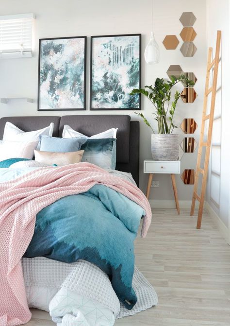 Bedroom styling with big oversized abstract wall art prints "Nordic Sky Storm" by Kate Fisher in moody blues, greys and pink. Scandi bedroom with adairs bedding. Nordic Bedroom Inspiration, Blue And Pink Bedroom, Scandi Bedroom, Rustic Farmhouse Bedroom, Teal Bedroom, Bedroom Styling, Nordic Bedroom, Bedroom Decor Cozy, Moody Blues