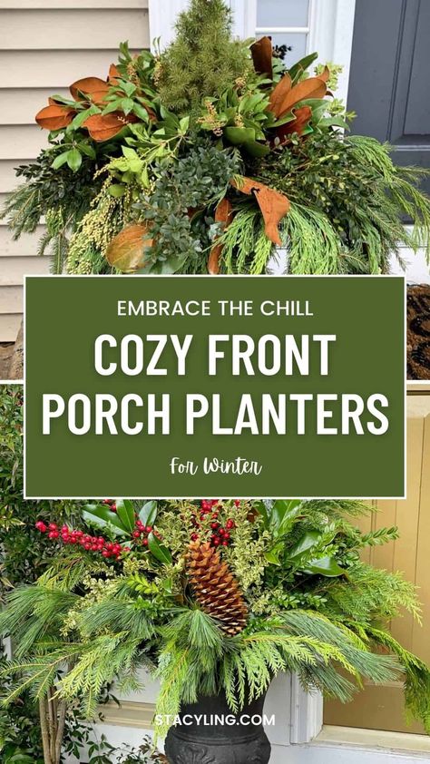 Transform your front porch into a winter wonderland with these enchanting planter ideas! #outdoorplantersforwinter #wintercontainergardens #wintercontainersgardens #outdoorplantersforchristmas #outdoorwinterdecor #outdoorwinterdecorideas #outdoorwintercontainergardening Winter Flower Planters Outdoor, Winter Outside Planter Ideas, Winter Porch Ideas Cold Weather, Winter Greens Planters, Winter Plant Pot Ideas, Outdoor Winter Planters Front Porches, Spruce Tops Planters, Evergreen Porch Pots, Winter Flower Pots Front Porches