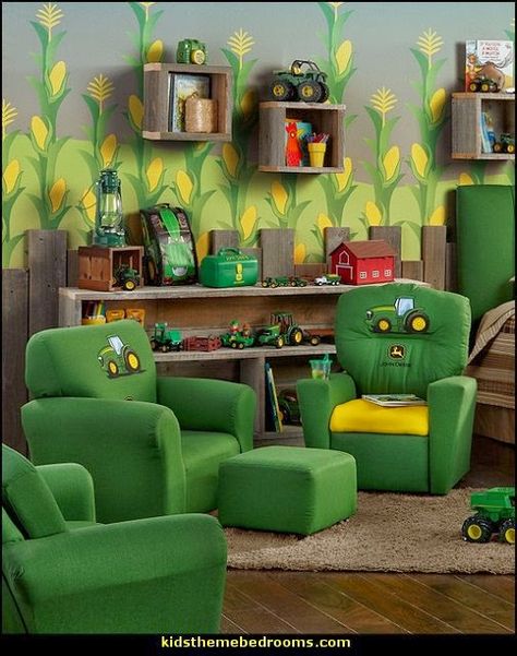 John Deere childrens themed room with raw wooden cube shelving Barnyard Bedroom, John Deere Bedroom, Tractor Bedroom, John Deere Room, Tractor Room, Farm Bedroom, Farm Room, Farm Animals Decor, Ideas Habitaciones