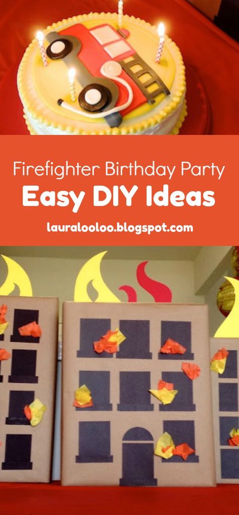 Diy Firetruck Birthday Party, Fire Truck Birthday Decorations, Fire Truck Bday Party, Emergency Services Birthday Party, Fire And Police Birthday Party, Fire Truck Centerpiece Ideas, Fire Truck Birthday Cake Diy, Diy Fire Truck Cake, Fire Truck Birthday Party Decorations