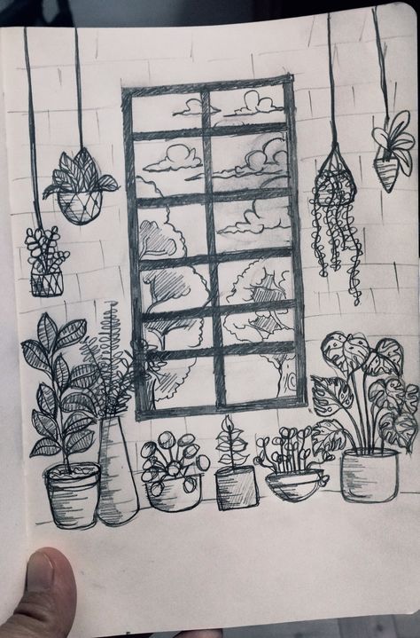 #plant #window #drawing # sketch Window Drawing Sketch, Open Window Drawing, Window Drawing Ideas, Window Doodle, Greenhouse Drawing, Window Drawings, Window Sketch, Table Drawing, Plant Sketches