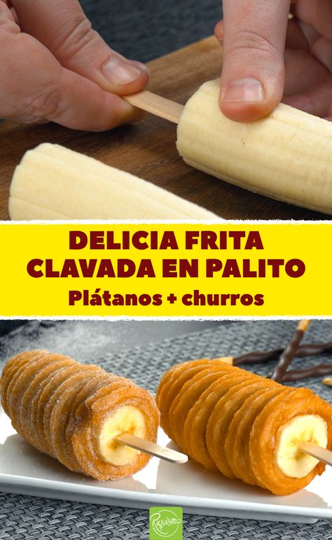 Delicia frita clavada en palito. Plátano-churros: plátanos envueltos en pasta choux, fritos y cubiertos con azúcar y canela. ¡Para fanáticos de los churros! #churros #platano #churroplatano #dulces #dulcesfritos #azucar #canela #pastachoux Churro Coffee, Cafeteria Food, Warm Desserts, Mexican Dessert, Chocolate Chip Banana Bread, Fair Food Recipes, Food Packaging Design, Pie Dessert, Unhealthy Food