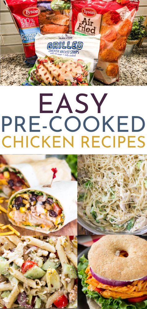 These easy precooked chicken recipes were such a time saver this week! I grabbed a few packs of tysons frozen grilled chicken strips and we had dinner ready in less than 15 minutes all week! There was barely an dishes and I actually loved dinners instead of dreading them! If you need easy meal ideas that are still healthy- these are perfect. Perdue and costco (or kirkland) also make the frozen grilled chicken breasts!  This had both pasta dishes and low carb ideas- great for big families. Healthy Frozen Chicken Recipes, Pre Made Chicken Recipes, Dinner Ideas With Precooked Chicken, Frozen Precooked Chicken Recipes, Frozen Chicken Finger Recipes, Grilled Chicken Patties, Meals With Precooked Chicken, Recipes Using Frozen Chicken Tenders, Frozen Chicken Patties Recipes