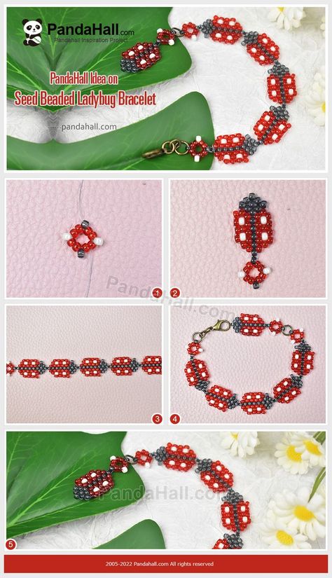 Cherry Bead Pattern, Cherry Bead Bracelet Tutorial, Beaded Ladybug Patterns, Strawberry Bracelet Bead Pattern, Panda Hall, Ladybug Beaded Necklace, Bead Sewing, Handmade Jewelry Tutorials, Beading Needles