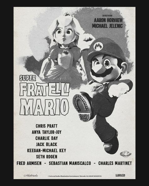 The Super Mario Bros. Movie, (2023) by Michael Jelenic, Aaron Horvath. 🇮🇹 • This composition is a challenge, that of making a poster in the theme of Italian cinema posters of the 50s/60s and of taking up an icon of pop culture. Movie Poster Photoshop, Italian Cinema, The Super Mario Bros Movie, Movie Poster Design, Super Mario Bros Movie, Photoshop Poster, Movie 2023, Movie Posters Design, Cinema Posters