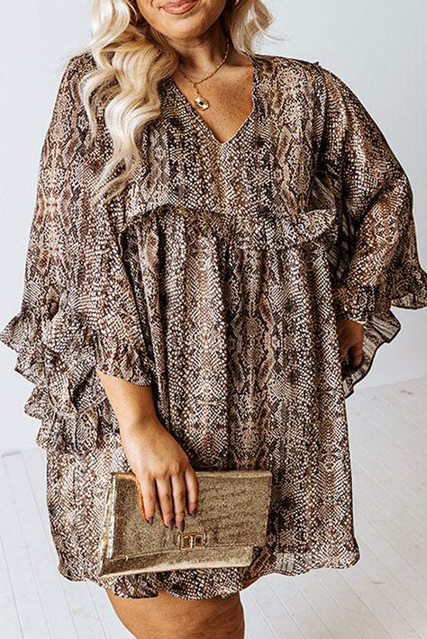 Brown Snake, Loungewear Dresses, Ditsy Floral Dress, Snake Print Dress, Curvy Dress, Neck Ruffle, Bohemian Dress, Plus Size Dress, Flared Sleeves