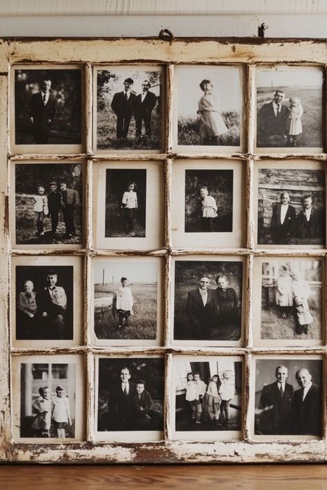 Repurpose a vintage window frame into a charming photo display! Perfect for a rustic and personalized touch. #VintageDecor #DIYPhotoDisplay #UpcycledCrafts Vintage Photo Display Wall, Photo Window Display, Vintage Photo Display, Unique Picture Display Ideas, Antique Window Decor, Photography Display Ideas, Picture Display Ideas, Polaroid Pictures Display, Photo Display Ideas