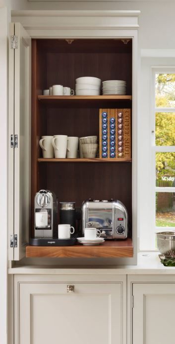 Tea Station - breakfront style with Pull out tray Blue Kitchen Inspiration, Kitchy Kitchen, Breakfast Station, Kitchen Work Station, Kitchen 2023, Coffee Station Kitchen, Slide Out Shelves, Tea Station, Wall Cupboard