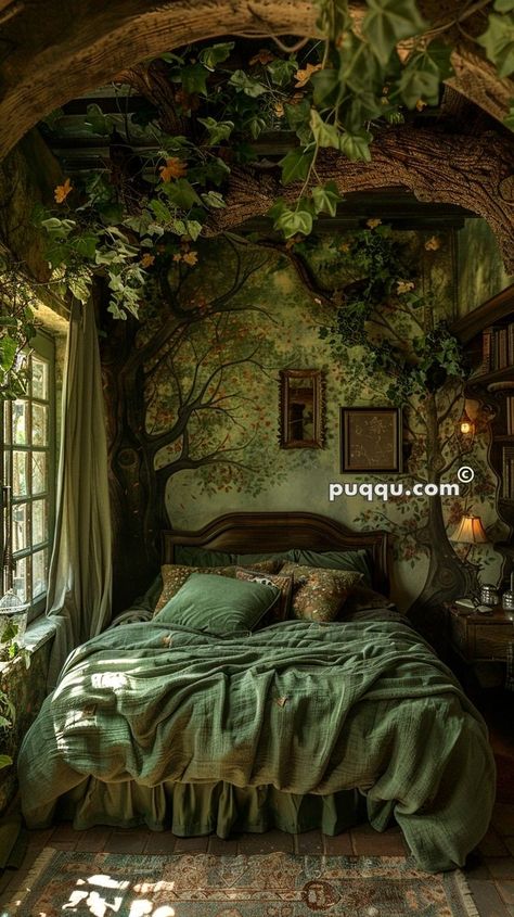 Attic Bedroom Ideas Green, Small Room Cottagecore, Cottagecore Themed Room, Fantasy Theme Bedroom, Fantasy Inspired Home, Howls Moving Castle Bedroom Ideas, Forest Curtains Bedroom, Woodland Inspired Bedroom, Book Room Ideas Aesthetic