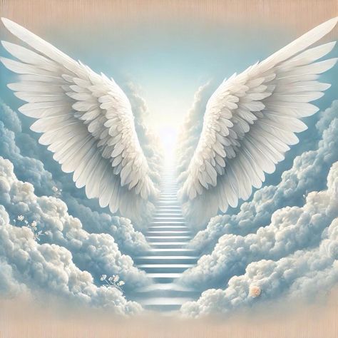 Memorial Prayers, Angels Decorations, Heaven Illustration, Biblical Pictures, Angel Wings Background, Heaven Painting, Angel Wings Illustration, Stairs To Heaven, Nice Tattoos