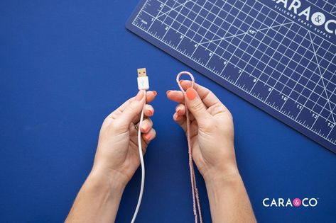 Macrame Phone Charging Cord | Read Cara & Co's Craft Blog – Cara & Co. Simple Macrame, Phone Cords, Cord Cover, Square Knot, Charger Cord, Charging Cord, Macrame Tutorial, Macrame Cord, Diy Tutorials