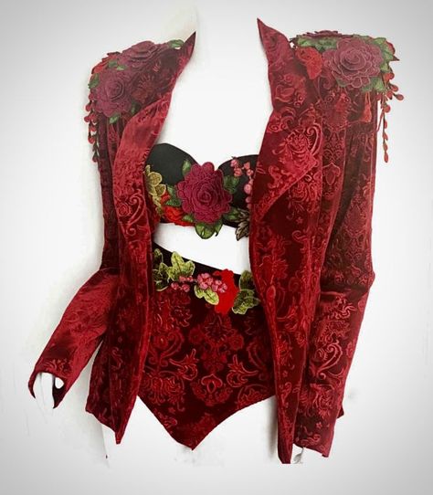 Contemporary Performance Outfits, Drag Inspo Outfit, Burlesque Aesthetic Outfit, Red Performance Outfits, Red Stage Outfits, Devil Dust, Burlesque Outfit, Showgirl Costume, Wwe Outfits