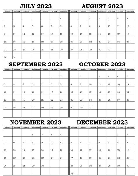 Free July To December 2023 Calendar - 6 Months One Page December Month Calendar, Dec Calendar, Mini Desk Calendar, 12 Month Calendar, Cute Calendar, Six Month, Blank Calendar, Busy Parents, Free Printable Calendar