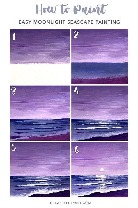 Moonlight Beach Painting, Seascape Paintings Easy, How To Paint Step By Step Easy, Diy Step By Step Canvas Painting Easy, Paint Tutorials For Beginners, Easy Painting Landscape, Acrylic Painting Seascape, Acrylic Painting Tutorials Step By Step Landscape, Easy Beginner Painting Ideas