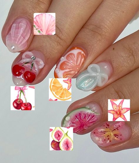 another summer set!🫧 fruits n florals🍒🐚☀️ Nails Cherry, Fruit Nails, Cherry Fruit, Shell Pink, Summer Set, Flower Nails, Shells, Cherry, Fruit